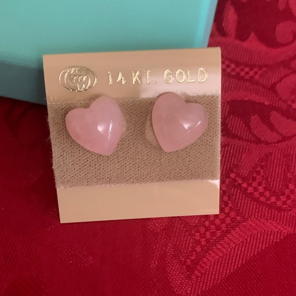 Jewelry - 14 KT Gold Heart Earrings rose quartz vintage